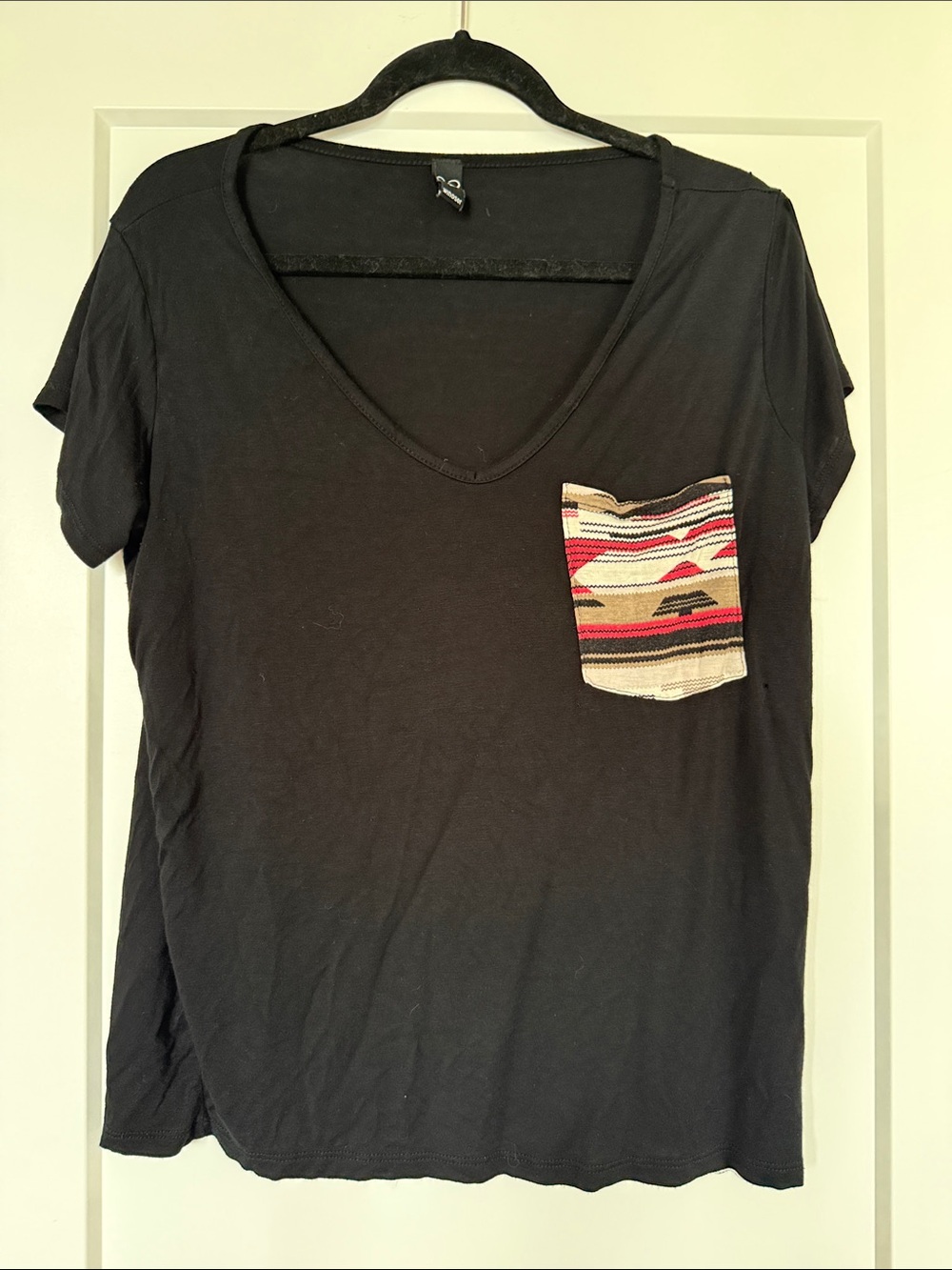 Women’s Black V-Neck Pocket Tee with Aztec Accent